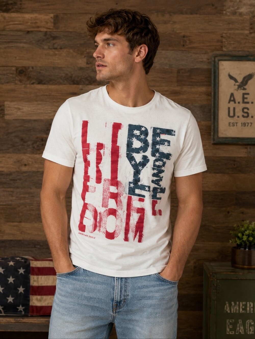 American Eagle Graphic Tee Mens Patriotic Americana‎ Flag T Shirt XS